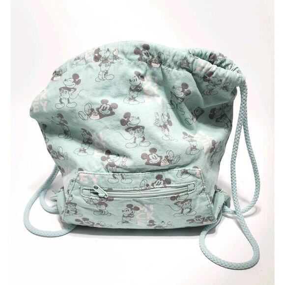 Disney's Mickey Mouse Aqua Blue Cotton Cinch Sack Bag Front Pocket - Picture 4 of 8
